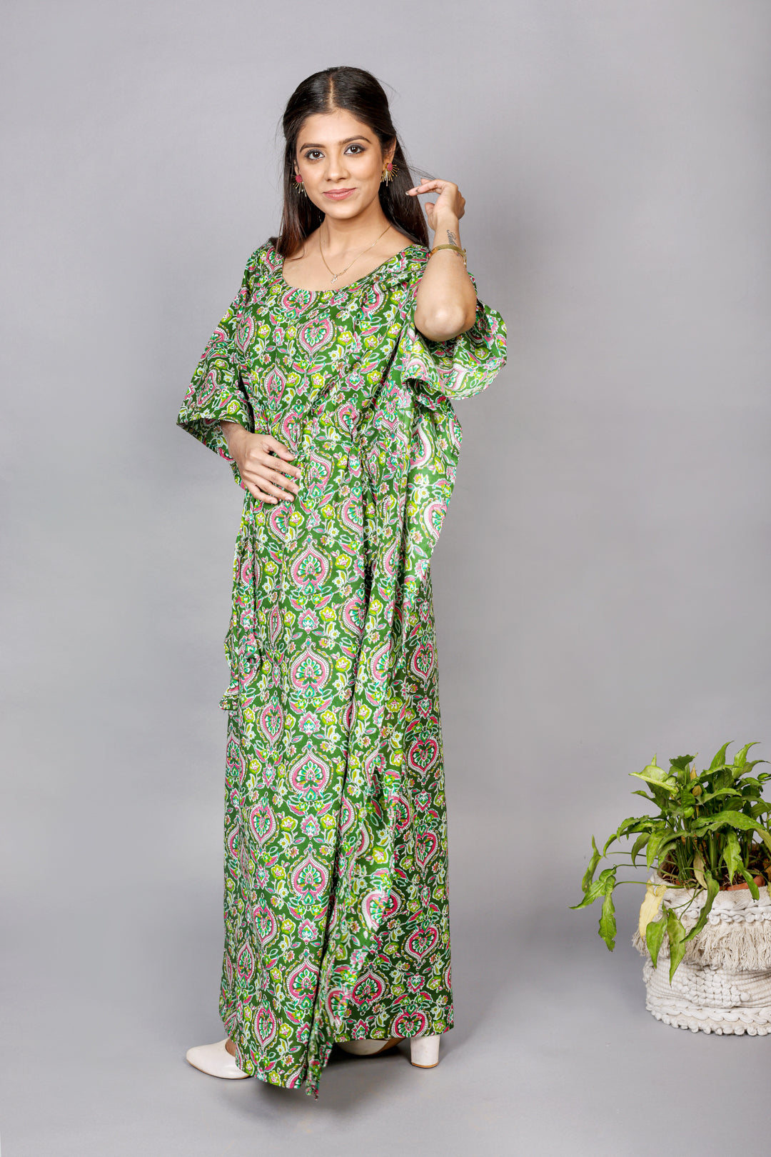 Luxury green Cotton Maternity & Nursing Kaftan Dress