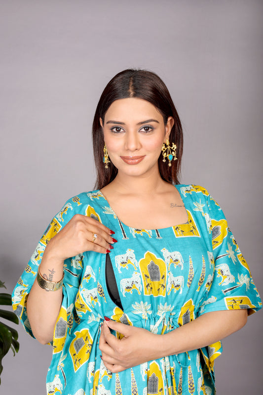 Blue Maternity Kaftan and Teal Floral Newborn Jabla Combo