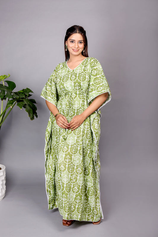 Green Block Print Maternity Kaftan and Newborn Jabla Combo