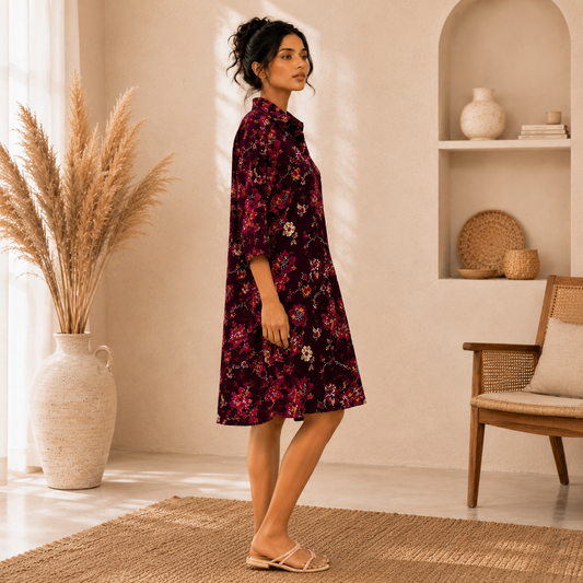 Wine Blossom Maternity Shirt Midi Dress