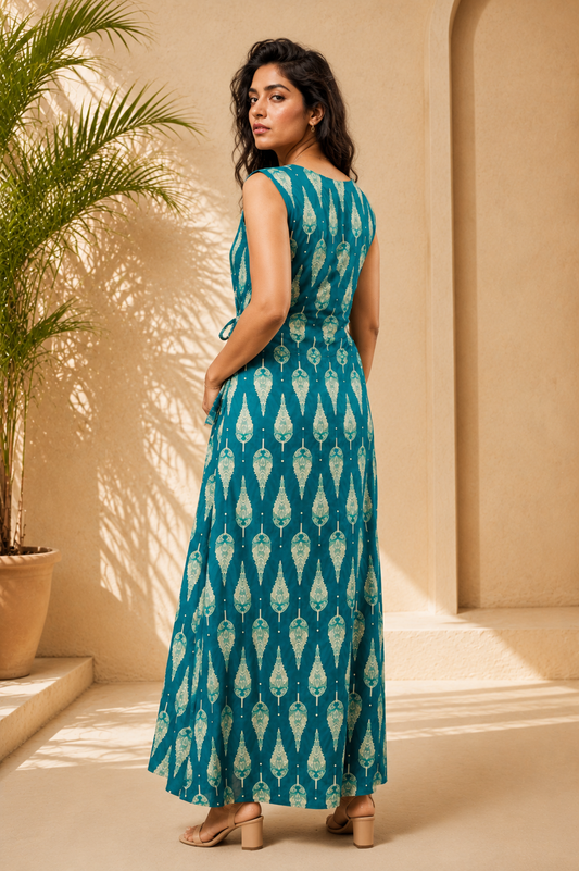 Teal Leaf Angrakha Maxi Dress