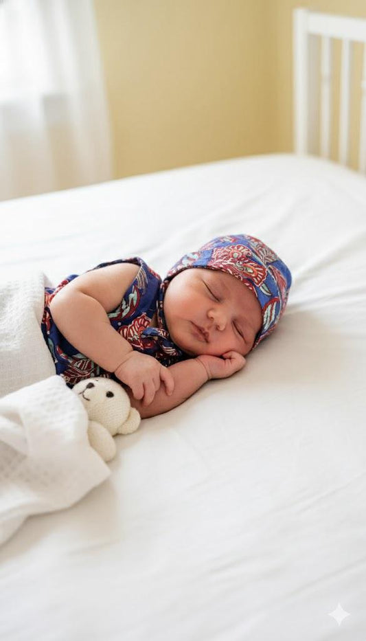 Blue Block Print Cotton Jabla for Newborns