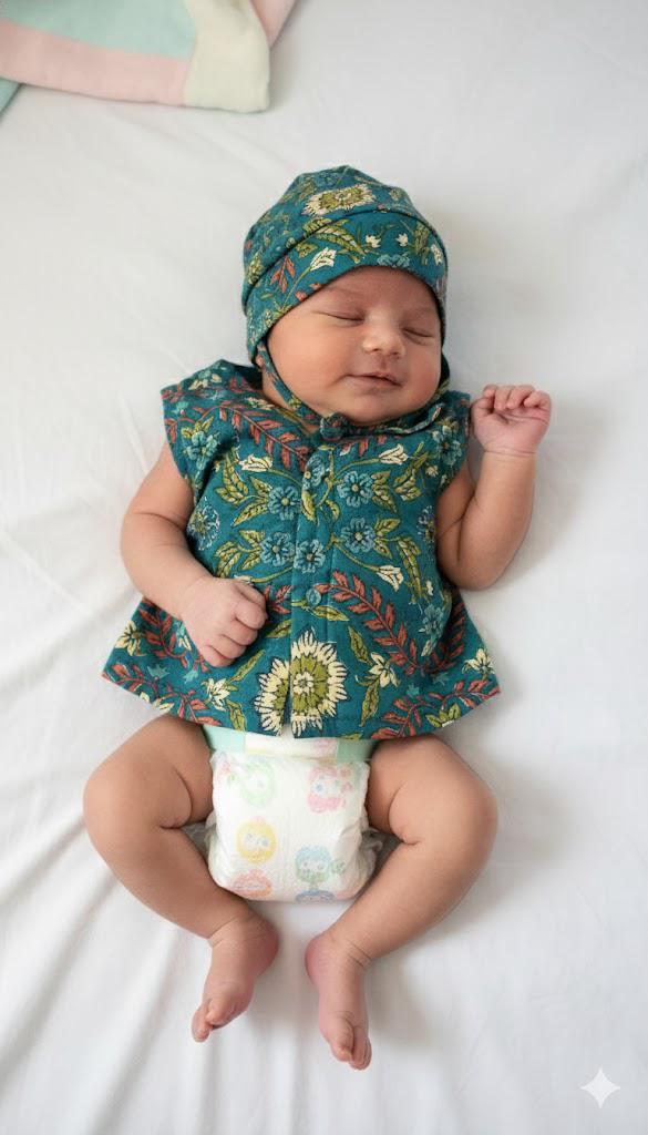 Teal Green Floral Block Print Cotton Jabla and Beanie Set
