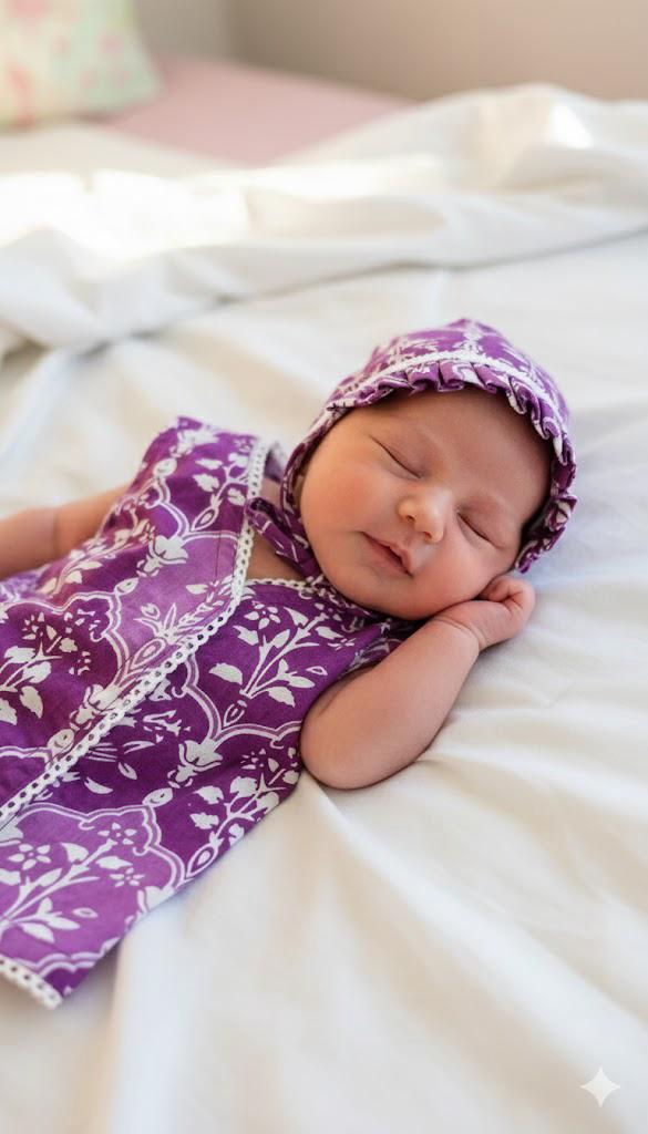 Purple Floral Block Print Cotton Jabla and Bonnet Set