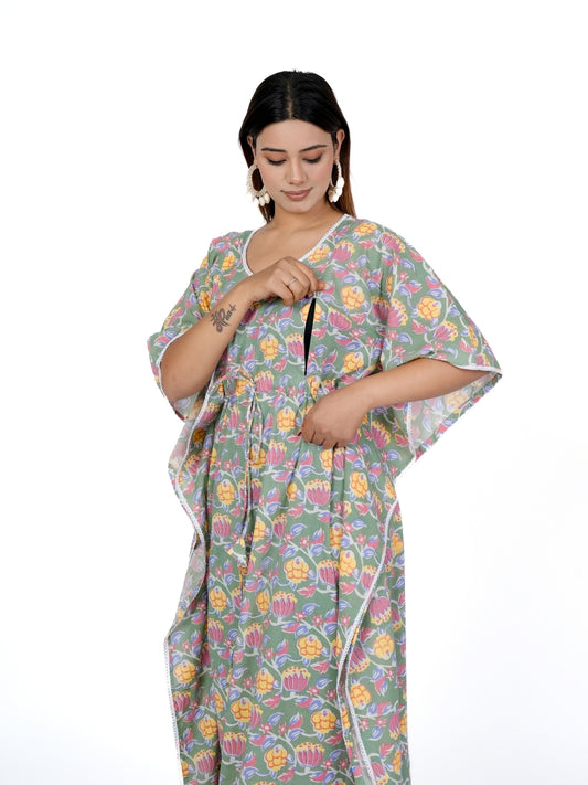 Sage Bloom/pista – Luxury Floral Cotton Maternity & Nursing Kaftan Dress