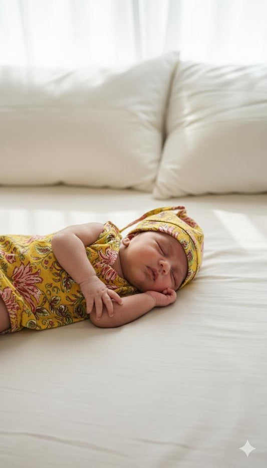 Sunshine Yellow – Newborn Cotton Dress & Cap Set