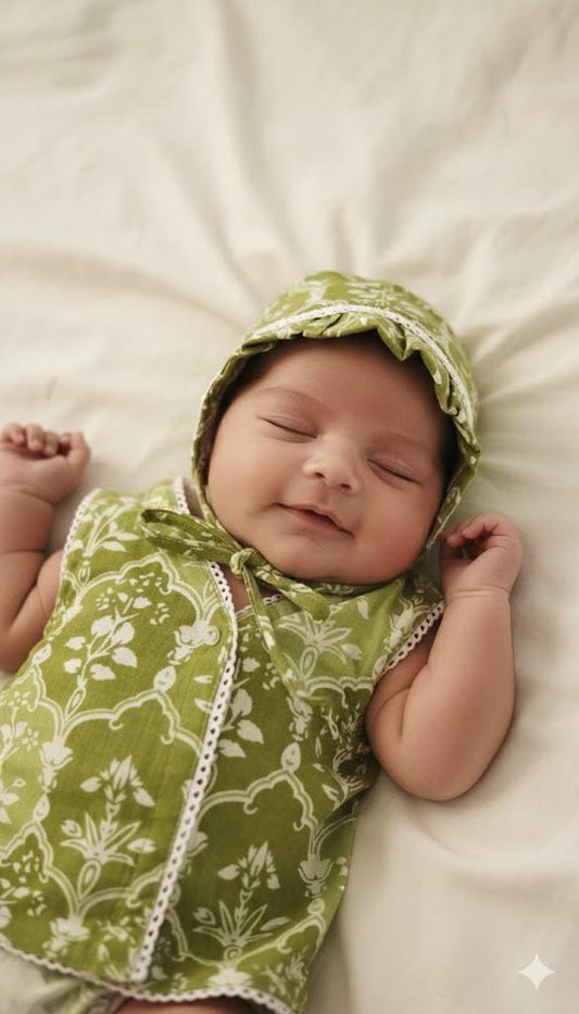 Green Block Print Cotton Newborn Jabla Frock and Hat Set