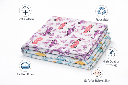 Baby Nappy Changing Mat Combo – Pack of 2 (Lavender Peach Car + Teal Yellow Car)
