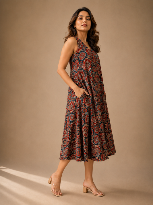 Indigo Rust Floral Midi Dress