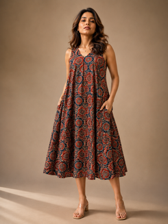 Indigo Rust Floral Midi Dress