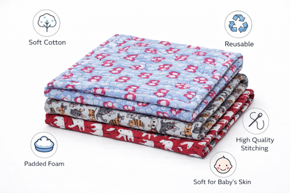 Cotton Baby Nappy Changing Mat Combo – Pack of 3 (Red + Grey Brown Cat + Sky Blue Teddy)