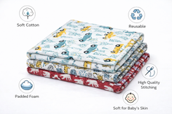 Cotton Baby Nappy Changing Mat Combo – Pack of 3 (Teal Dino + Grey Yellow Cat + Sky Blue Teddy)
