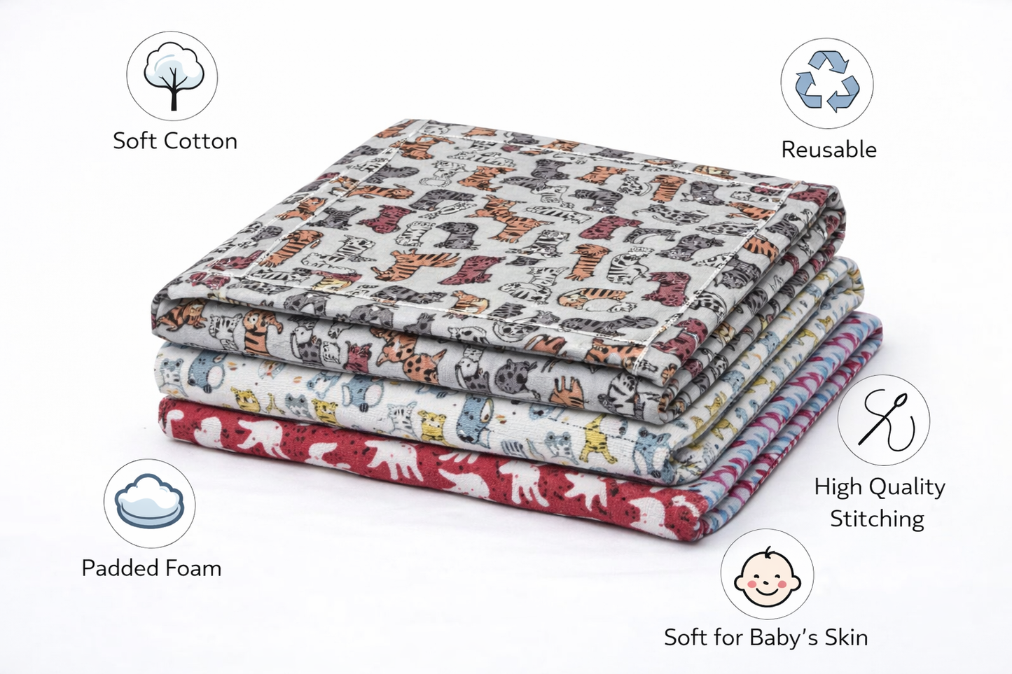 Cotton Baby Nappy Changing Mat Combo – Pack of 3 (Grey Brown Cat + Grey Yellow Cat + Sky Blue Teddy)