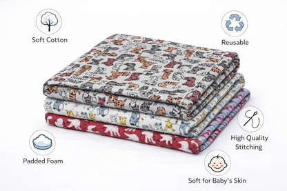 Cotton Baby Nappy Changing Mat Combo – Pack of 3 (Grey Brown Cat + Grey Yellow Cat + Sky Blue Teddy)