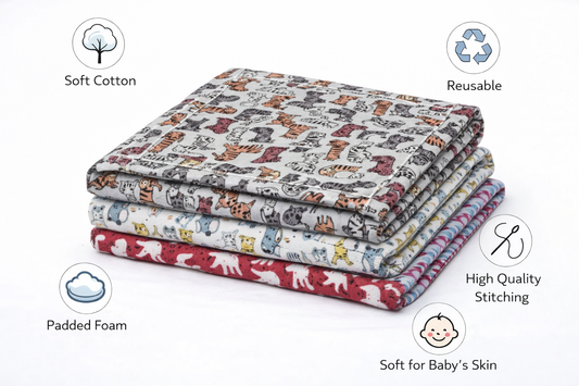 Cotton Baby Nappy Changing Mat Combo – Pack of 3 (Grey Brown Cat + Grey Yellow Cat + Sky Blue Teddy)