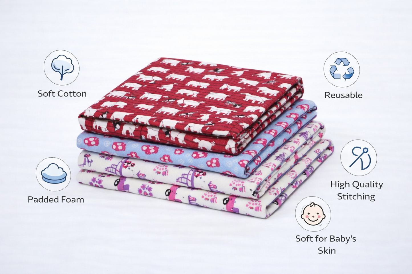Cotton Baby Nappy Changing Mat Combo – Pack of 3 (Red + Lavender Peach Car + Sky Blue Teddy)