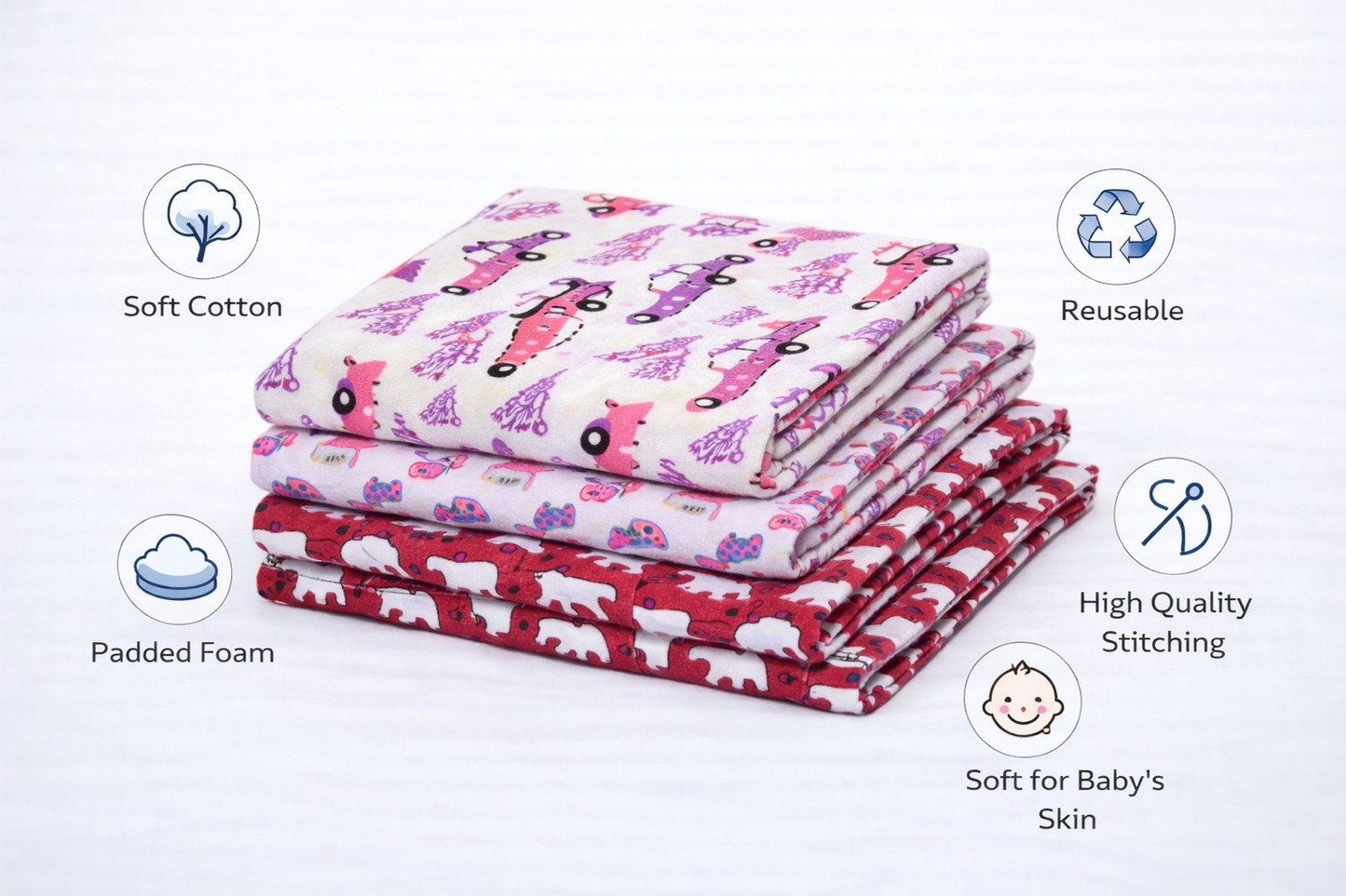 Cotton Baby Nappy Changing Mat Combo – Pack of 3 (Red + Lavender Peach Car + Pink Dino)