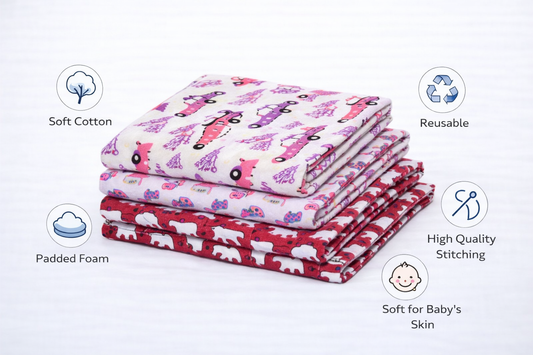 Cotton Baby Nappy Changing Mat Combo – Pack of 3 (Red + Lavender Peach Car + Pink Dino)