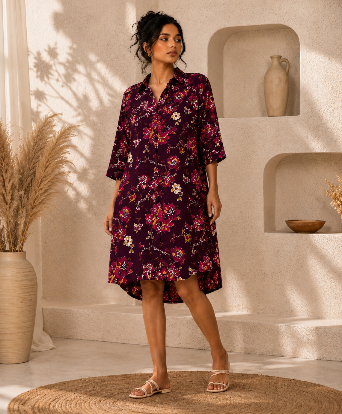 Wine Blossom Maternity Shirt Midi Dress