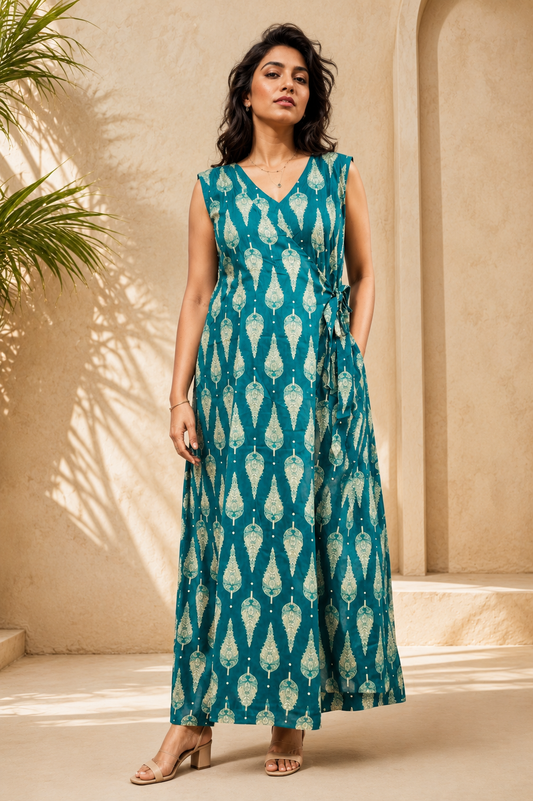Teal Leaf Angrakha Maxi Dress