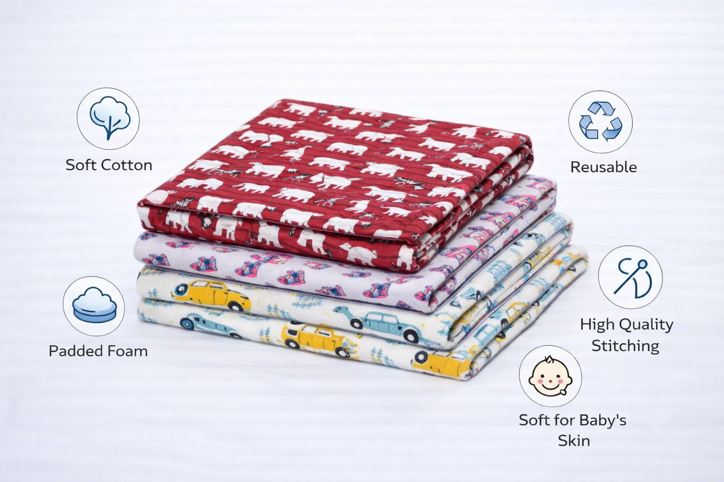 Cotton Baby Nappy Changing Mat Combo – Pack of 3 (Red + Pink Dino + Teal Yellow Car)