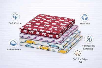 Cotton Baby Nappy Changing Mat Combo – Pack of 3 (Red + Pink Dino + Teal Yellow Car)