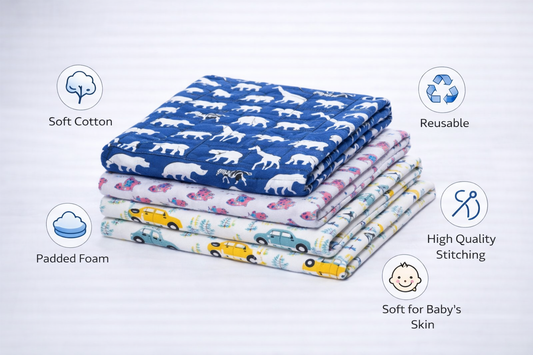 Cotton Baby Nappy Changing Mat Combo – Pack of 3 (Blue + Pink Dino + Teal Yellow Car)