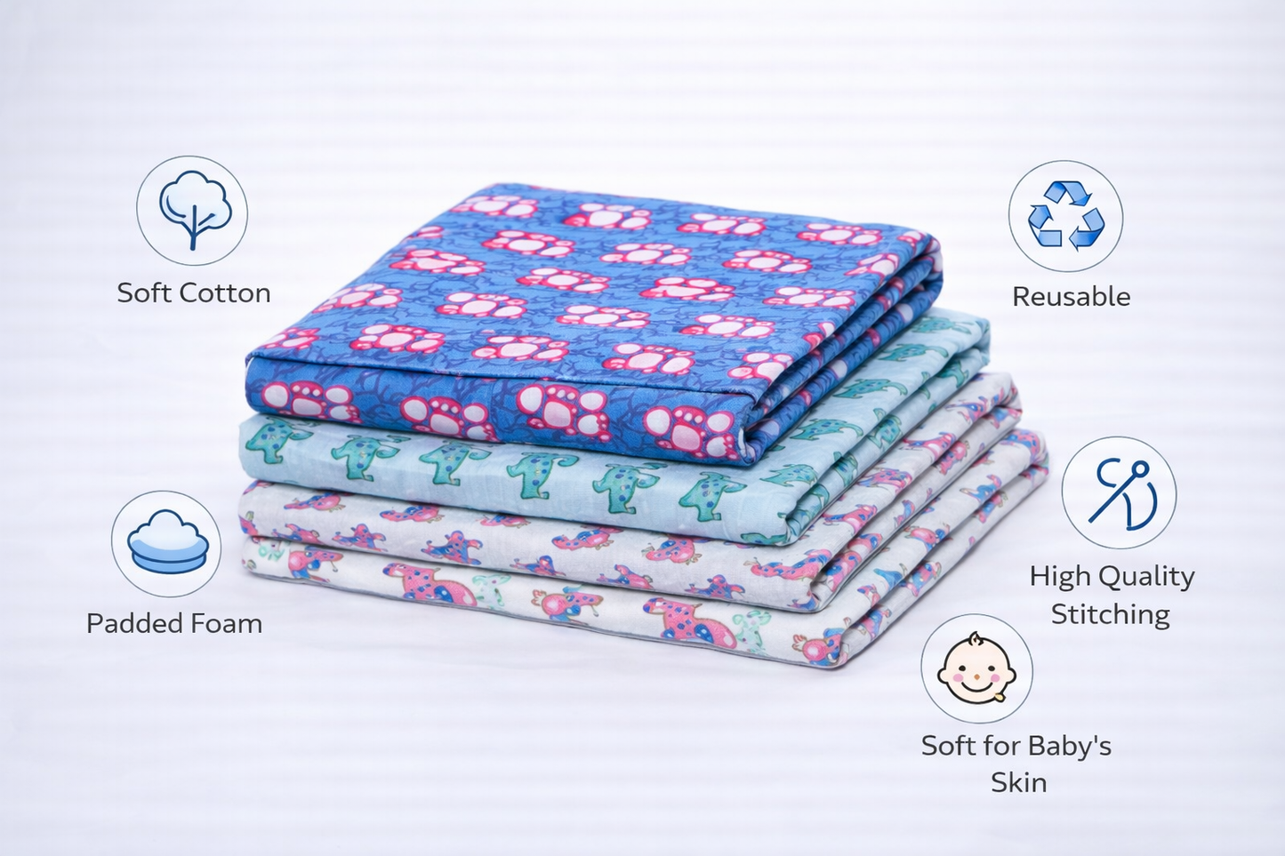 Cotton Baby Nappy Changing Mat Combo – Pack of 3 (Pink Dino + Teal Dino + Sky Blue Teddy)