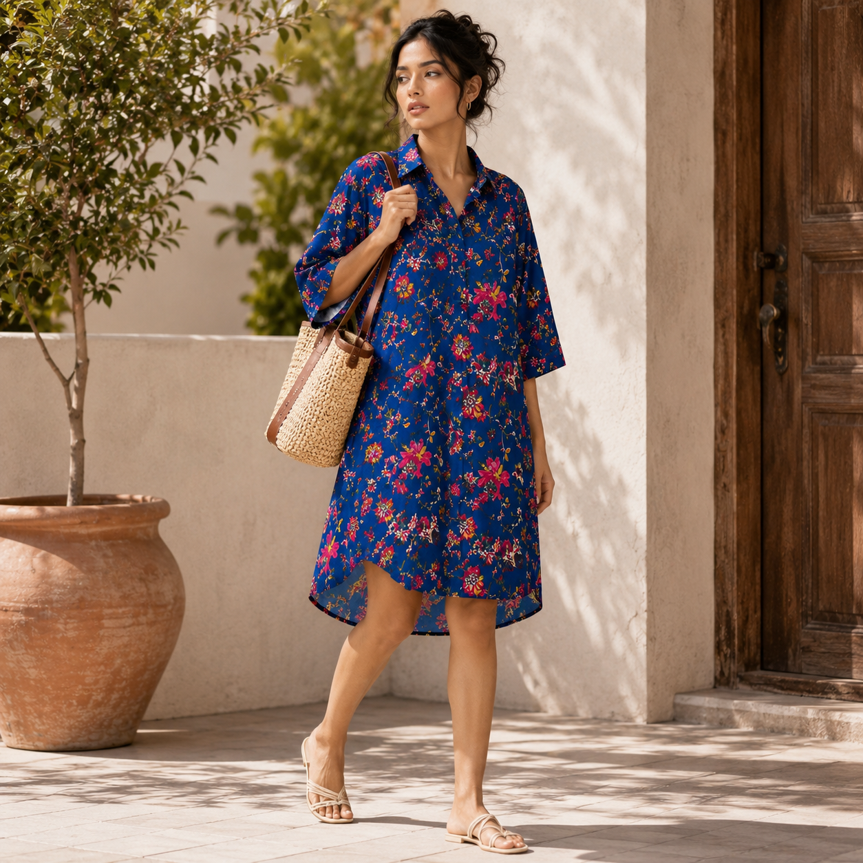 Midnight Bloom Maternity Shirt Midi Dress
