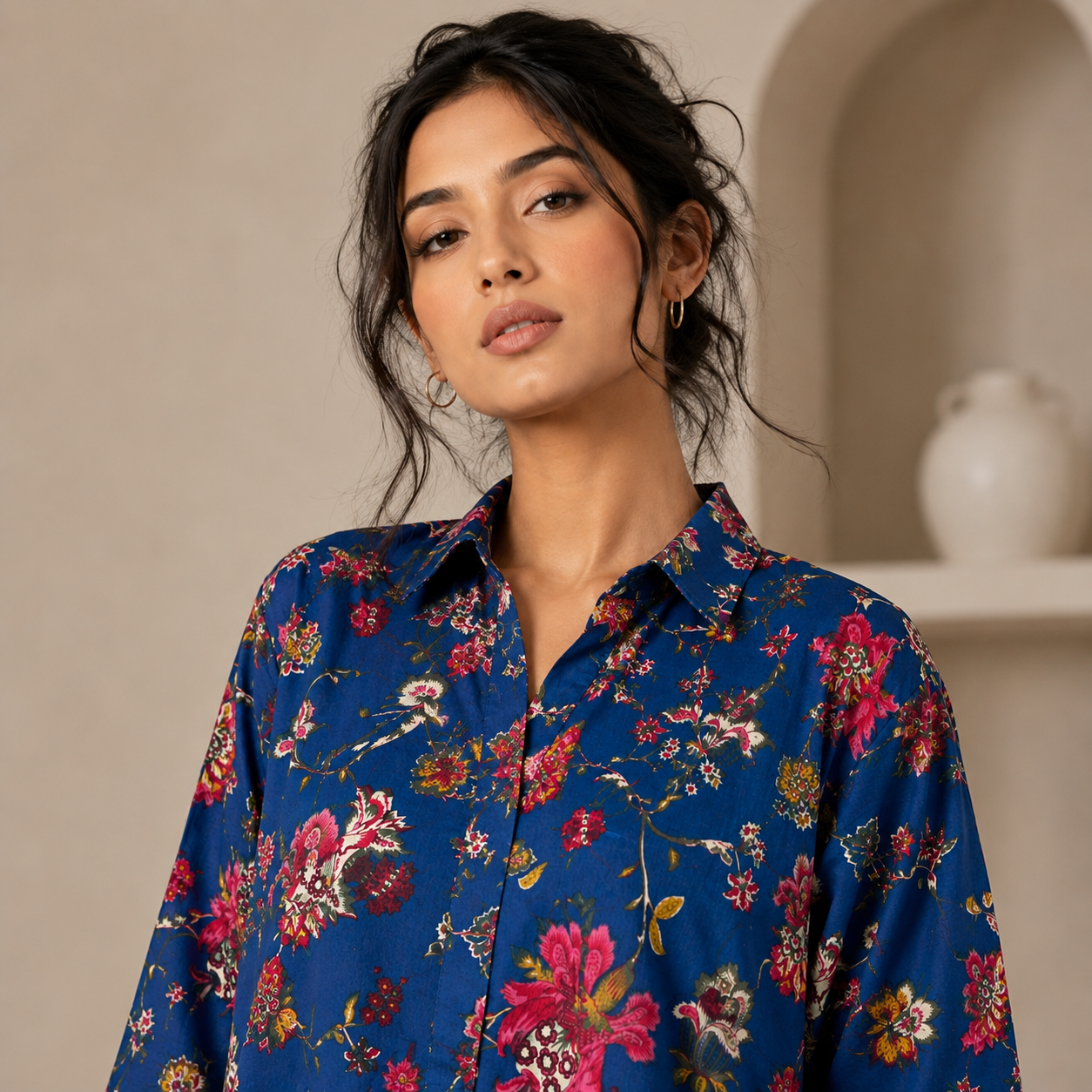 Midnight Bloom Maternity Shirt Midi Dress