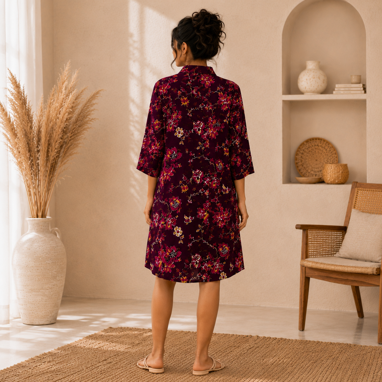 Wine Blossom Maternity Shirt Midi Dress
