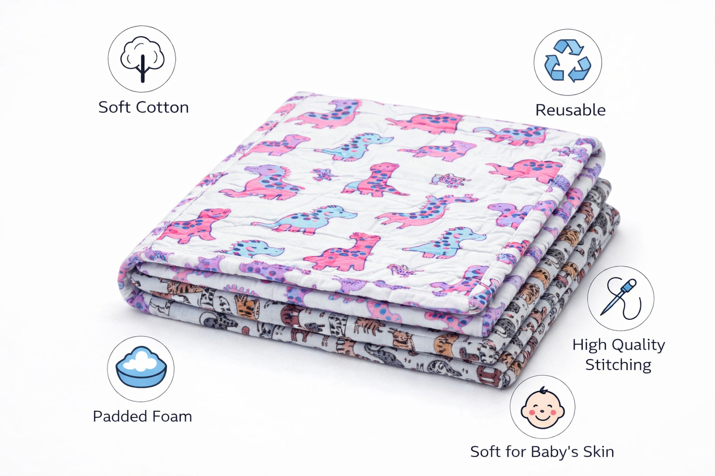 Baby Nappy Changing Mat Combo – Pack of 2 (Pink Dino + Grey Brown Cat)