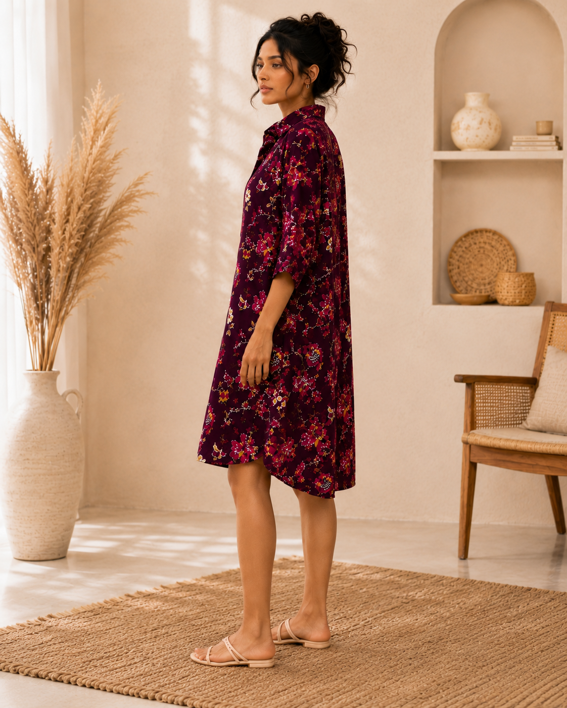 Wine Blossom Maternity Shirt Midi Dress