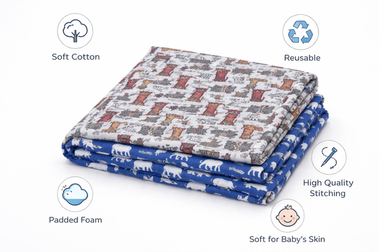 Baby Nappy Changing Mat Combo – Pack of 2 (Grey Brown Cat + Blue)