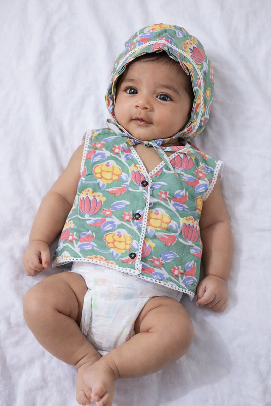 Sage Bloom – Premium Newborn Cotton Dress & Bonnet Set