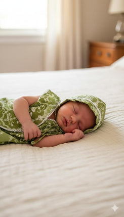 Green Block Print Cotton Newborn Jabla Frock and Hat Set