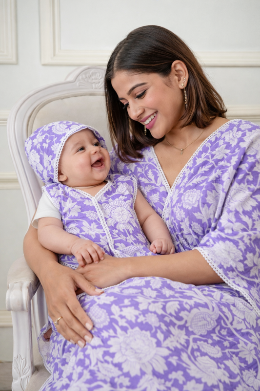Matching Lavender Maternity Kurti and Newborn Jabla Combo