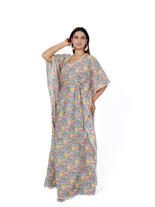 Sage Bloom/pista – Luxury Floral Cotton Maternity & Nursing Kaftan Dress
