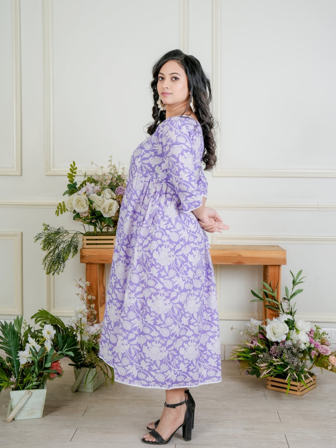 Lavender Blossom A-Line Floral Casual Kurti