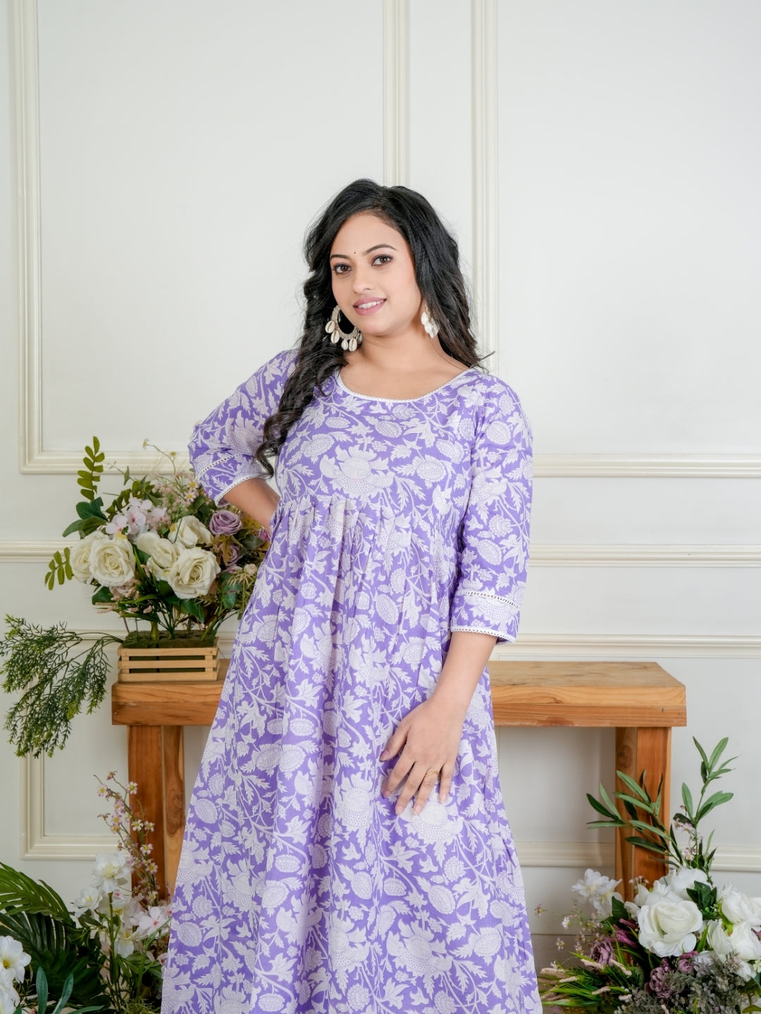 Lavender Blossom A-Line Floral Casual Kurti