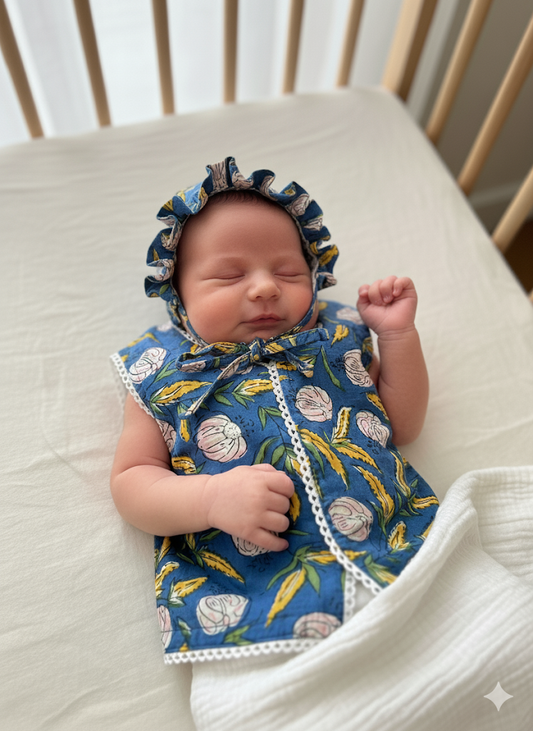 Blue Floral Baby Bonnet and Vest Set