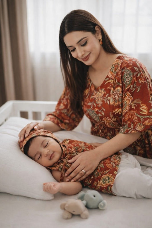Matching Terracotta Hand block print Mom & Baby Outfit