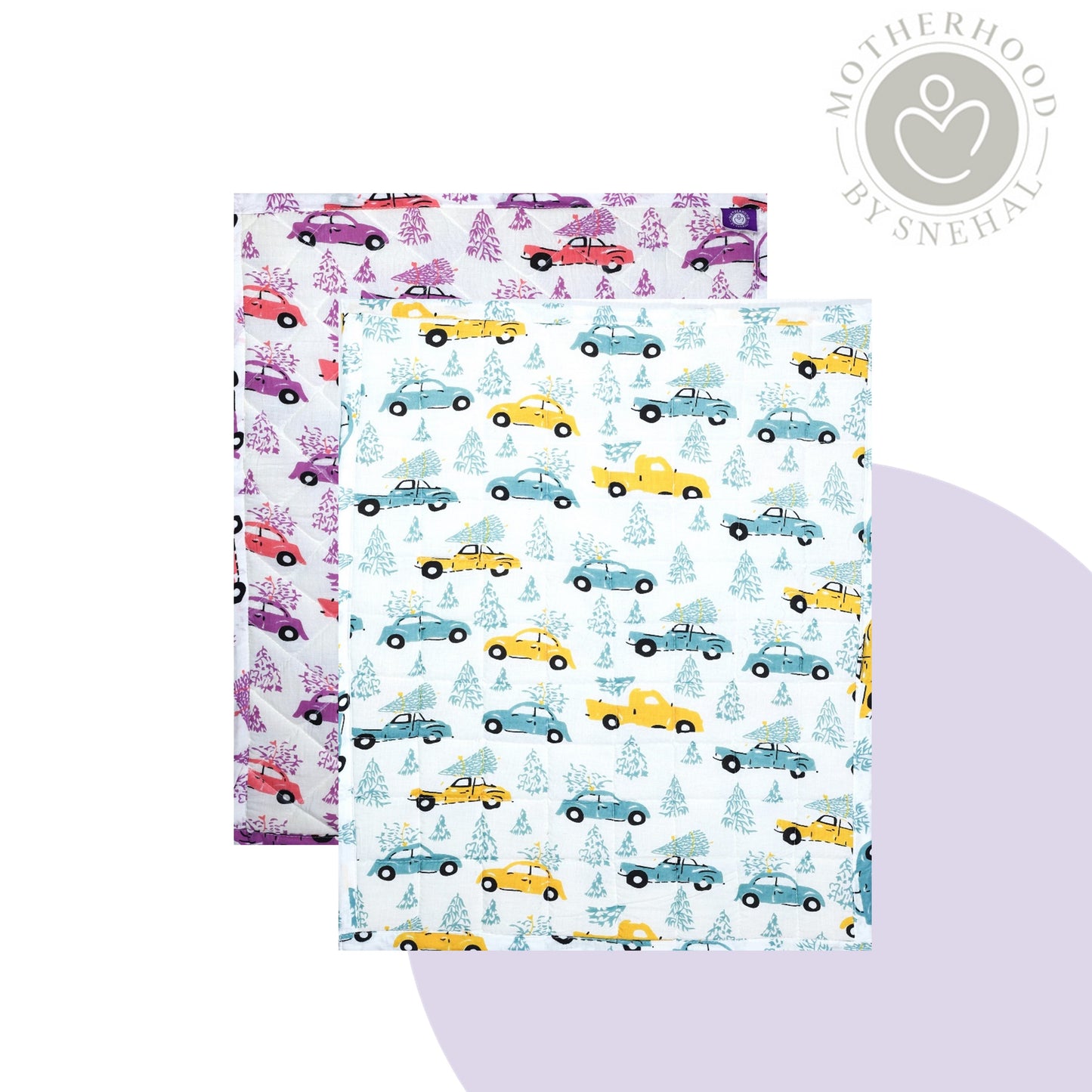 Baby Nappy Changing Mat Combo – Pack of 2 (Lavender Peach Car + Teal Yellow Car)