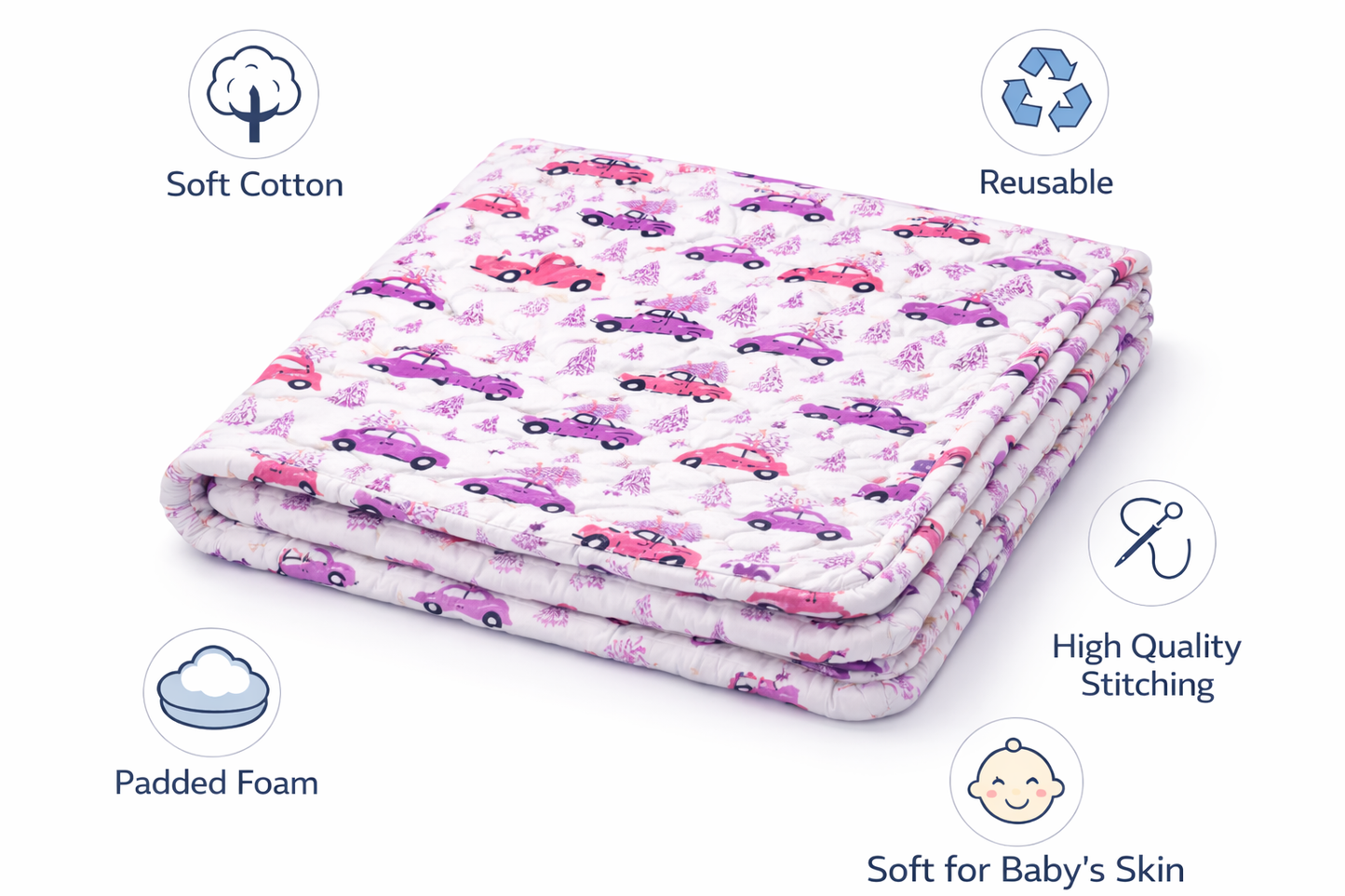 Cotton Baby Nappy Changing Mat Combo – Pack of 3 (Blue + Pink Dino + Teal Yellow Car)