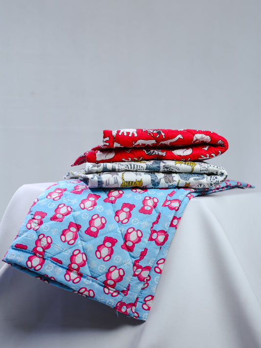 Cotton Baby Nappy Changing Mat Combo – Pack of 3 (Red + Grey Brown Cat + Sky Blue Teddy)