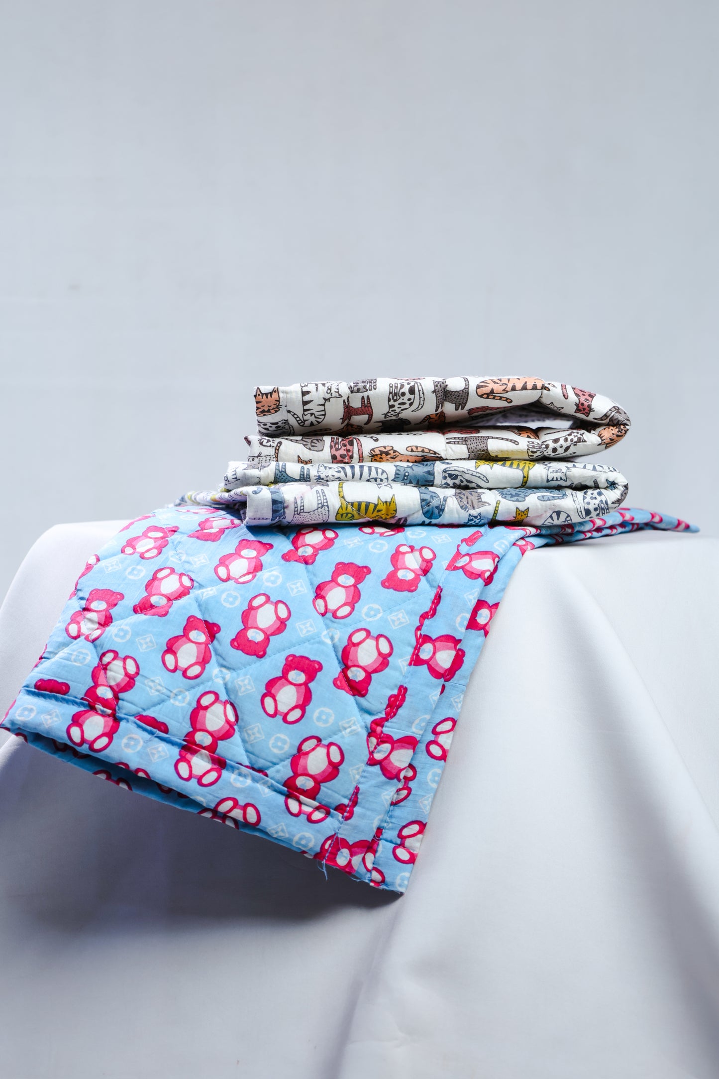 Cotton Baby Nappy Changing Mat Combo – Pack of 3 (Teal Dino + Grey Yellow Cat + Sky Blue Teddy)