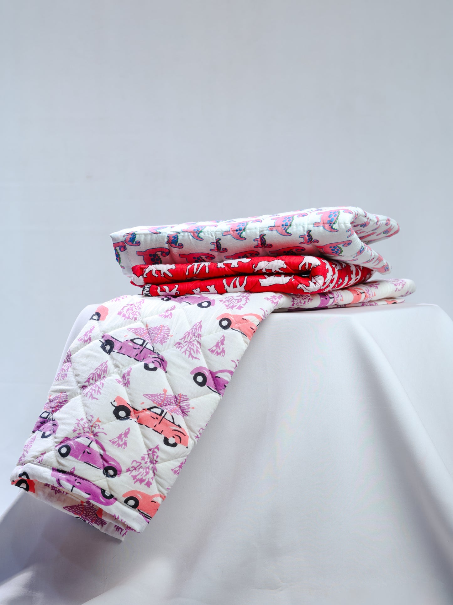 Cotton Baby Nappy Changing Mat Combo – Pack of 3 (Red + Lavender Peach Car + Pink Dino)