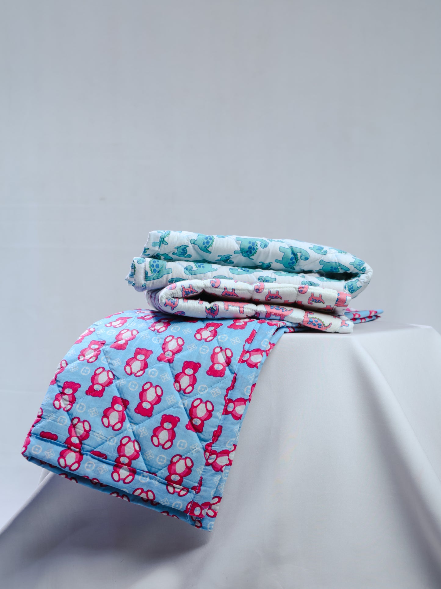 Cotton Baby Nappy Changing Mat Combo – Pack of 3 (Pink Dino + Teal Dino + Sky Blue Teddy)