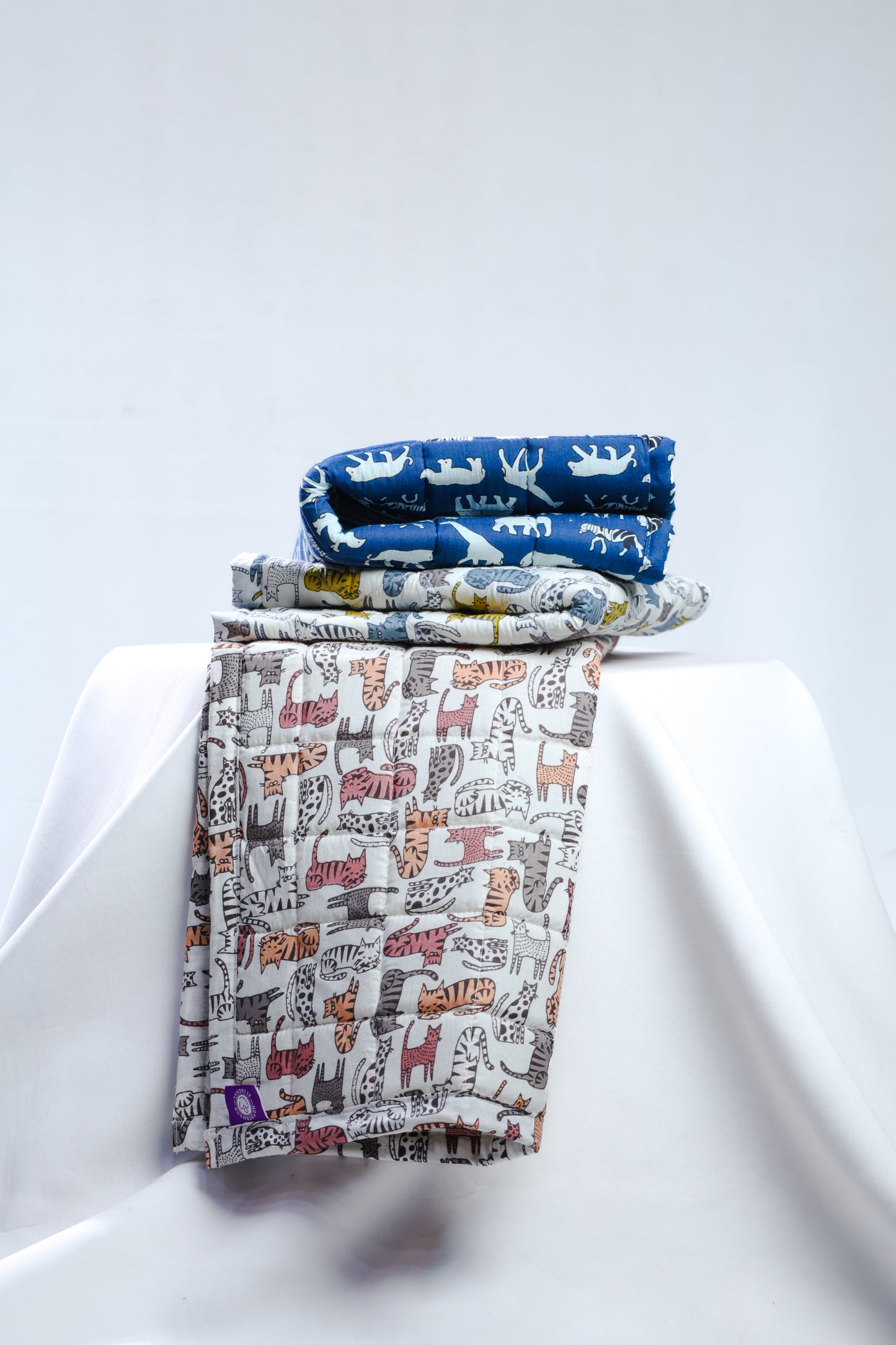 Cotton Baby Nappy Changing Mat Combo – Pack of 3 (Grey Brown Cat + Grey Yellow Cat + Blue)