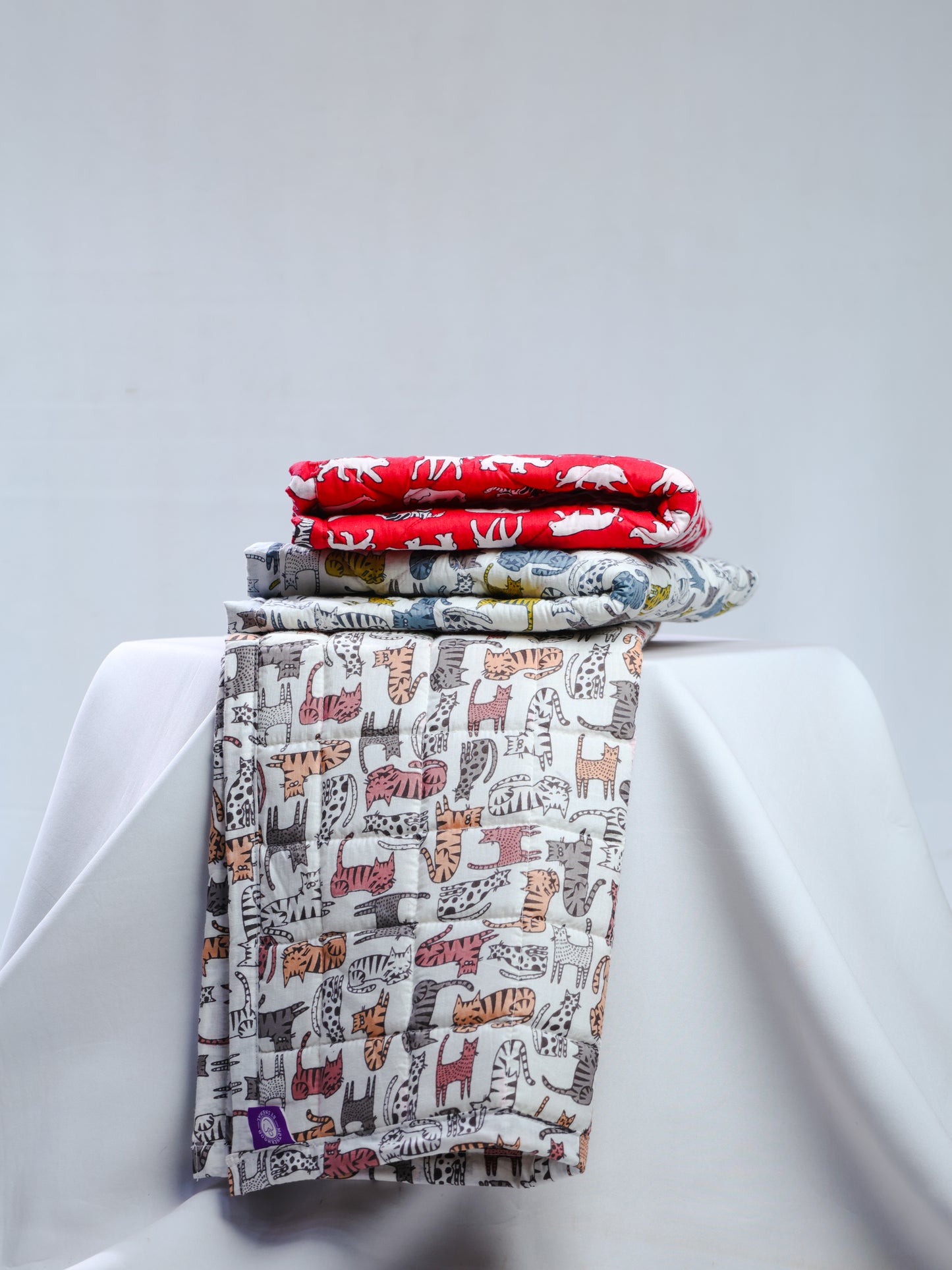 Cotton Baby Nappy Changing Mat Combo – Pack of 3 (Grey Brown Cat + Grey Yellow Cat + Red)